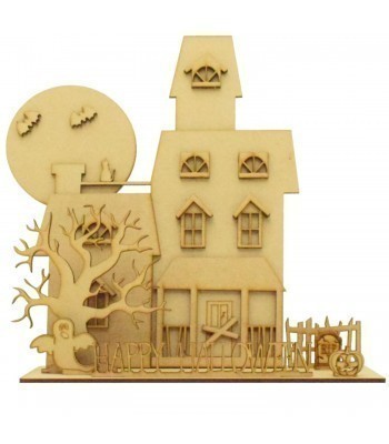 Laser Cut Detailed 3D Happy Halloween Haunted House Scene on Stand